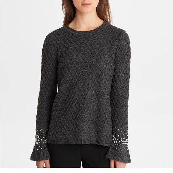 Karl Lagerfeld Gray Quilted Pearl Sleeve Sweater - Picture 3 of 8